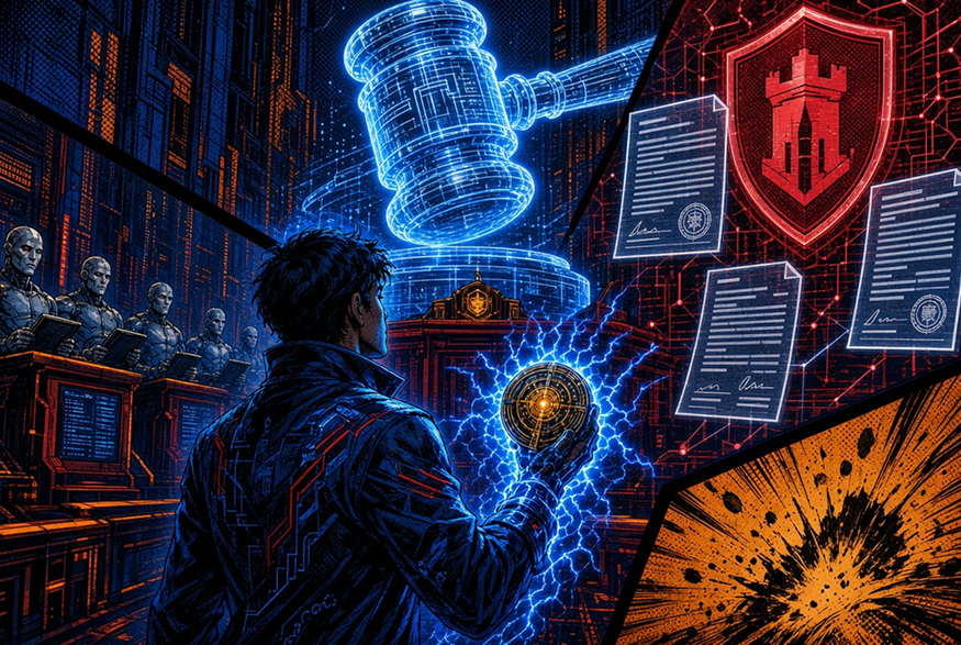 American comic book style artwork showing how account-bound governance tokens impact DAO legal liability and partner classification.