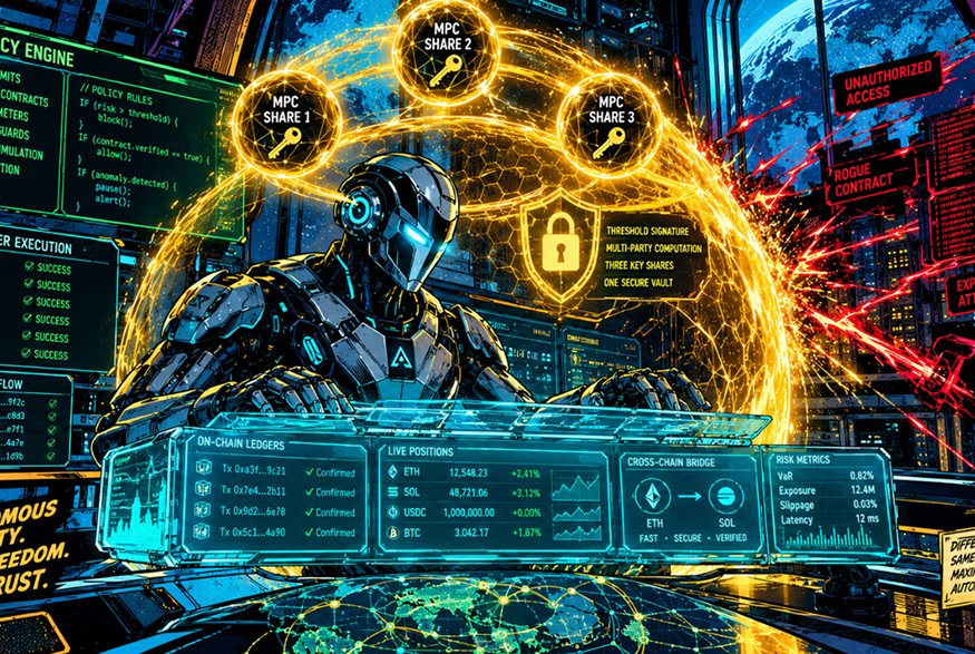American comic book style artwork showing an autonomous AI agent operating a secure blockchain wallet backed by programmable MPC security.