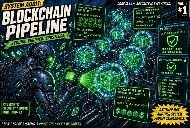American comic book style artwork illustrating a technical framework for auditing modular data availability layers.