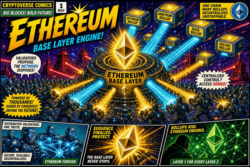 American comic book style artwork illustrating based rollups layer 2 sequencing anchored to Ethereum validators.