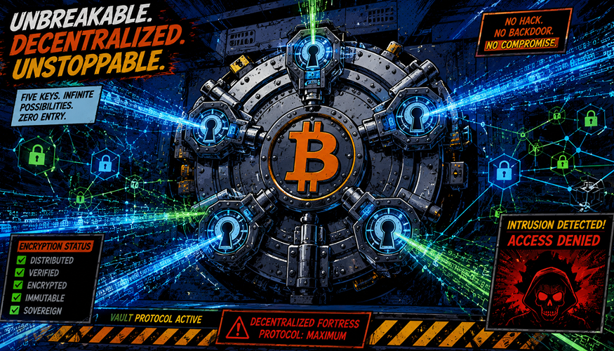 American comic book style artwork depicting an institutional multisig vault setup for Bitcoin Layer 2 networks.