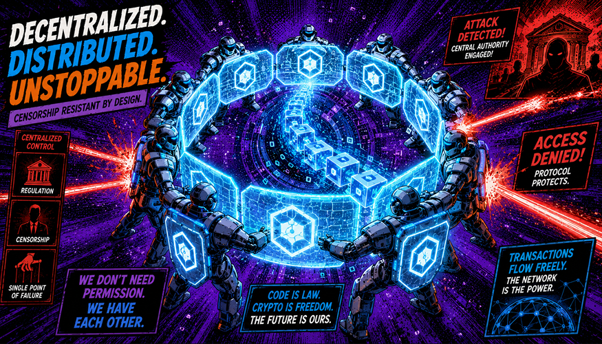 American comic book style illustration depicting a network of decentralized sequencers defending a Layer 2 blockchain.