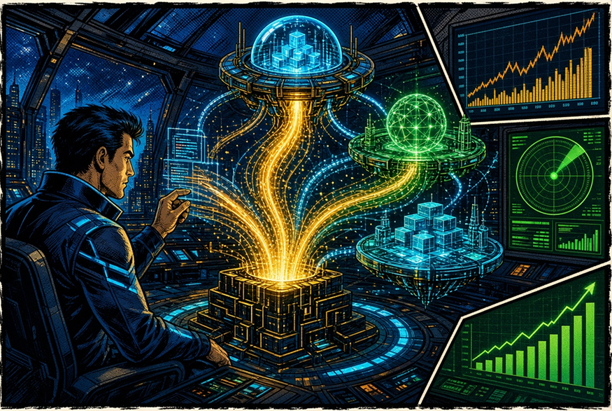 American comic book style artwork illustrating the valuation and market cap evaluation of restaked AVS infrastructure.