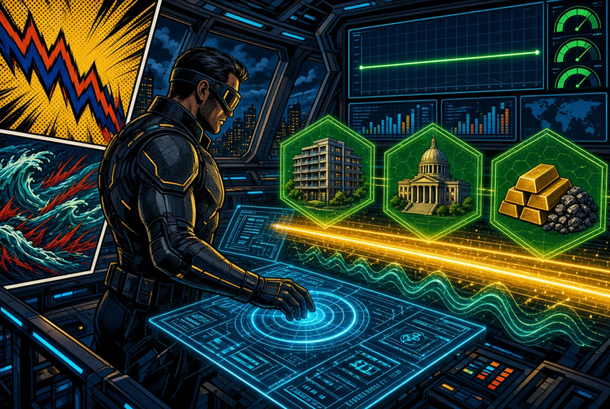 American comic book style artwork illustrating the step-by-step process of hedging RWA token volatility.
