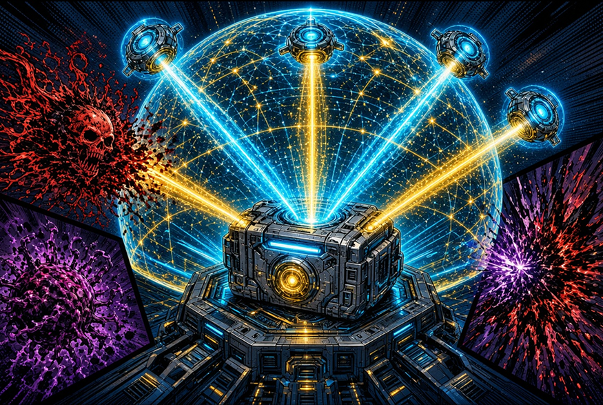 American comic book style artwork illustrating the hybrid MPC and hardware wallets architecture protecting Web3 custody.