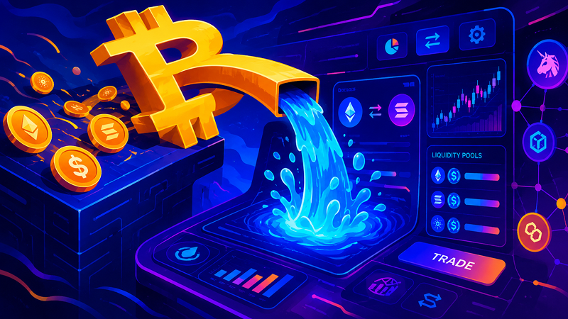 Modern vector animation style art showing institutional Bitcoin ETFs influencing decentralized exchange liquidity.