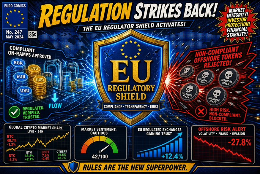 American comic book style artwork illustrating the shift in global stablecoin market share following the implementation of Europe's MiCA regulation.