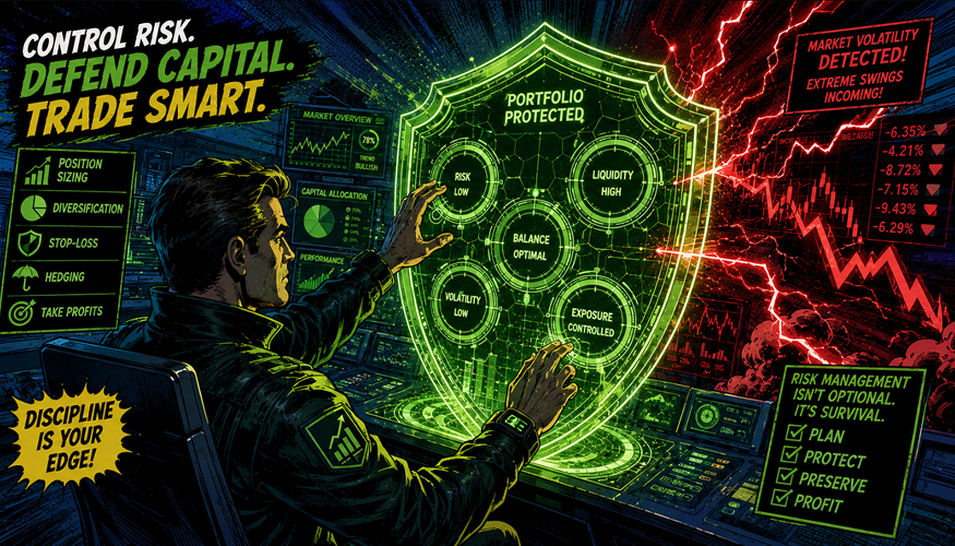 American comic book style artwork illustrating a step-by-step strategy for mitigating impermanent loss in DeFi.