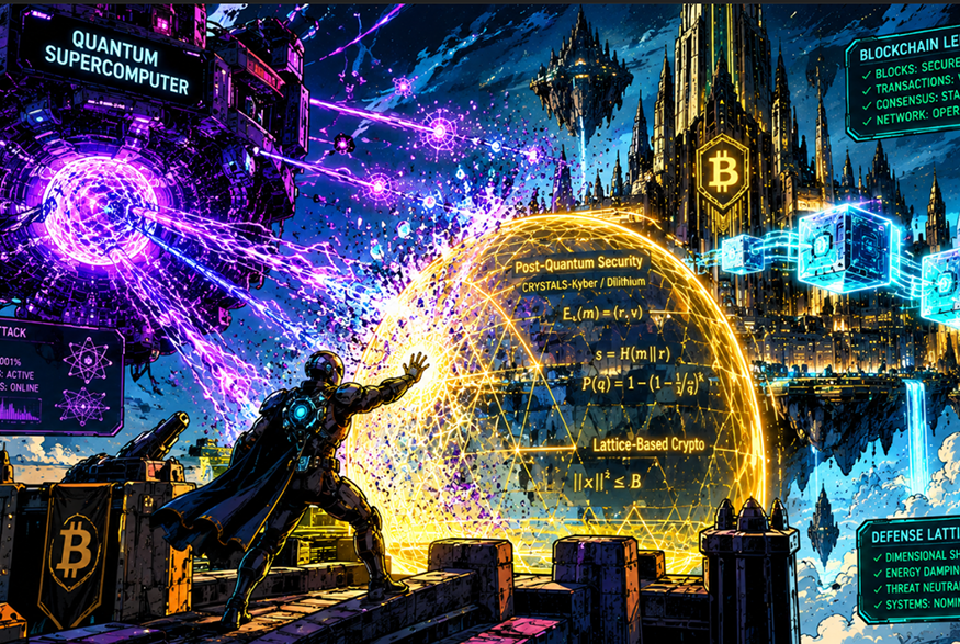 American comic book style artwork illustrating post-quantum cryptography protecting blockchain security against quantum computer attacks.