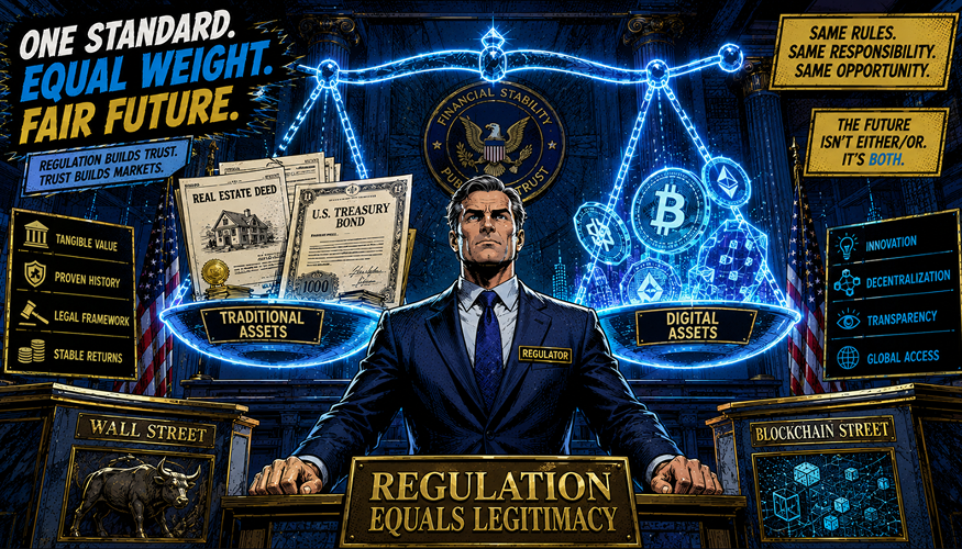 American comic book style artwork illustrating SEC guidelines on tokenized real-world asset classification.