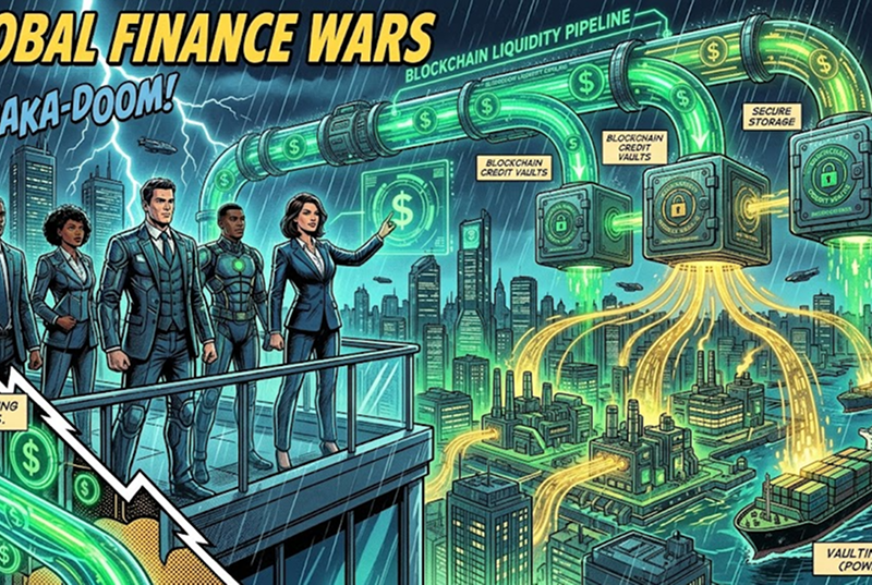American comic book style artwork illustrating institutional liquidity flowing into tokenized private credit protocols.
