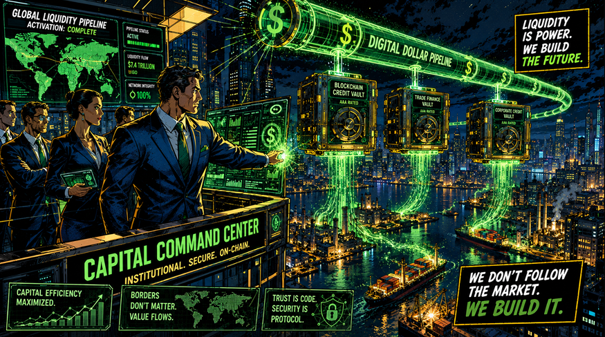 American comic book style artwork illustrating institutional liquidity flowing into tokenized private credit protocols.