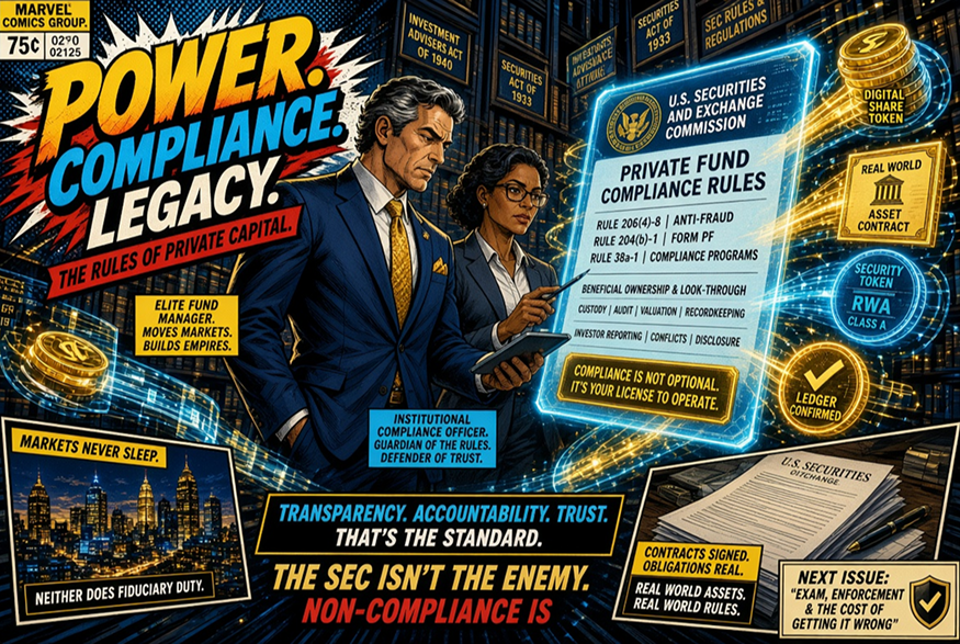 American comic book style illustration showing the regulatory framework of tokenized private funds SEC registration.