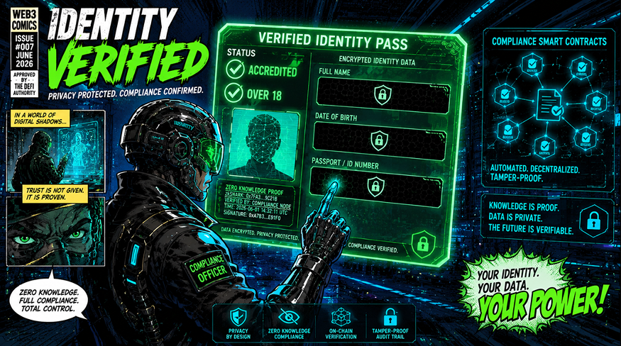 American comic book style illustration showing the architecture of compliant zero-knowledge KYC identity systems in Web3.